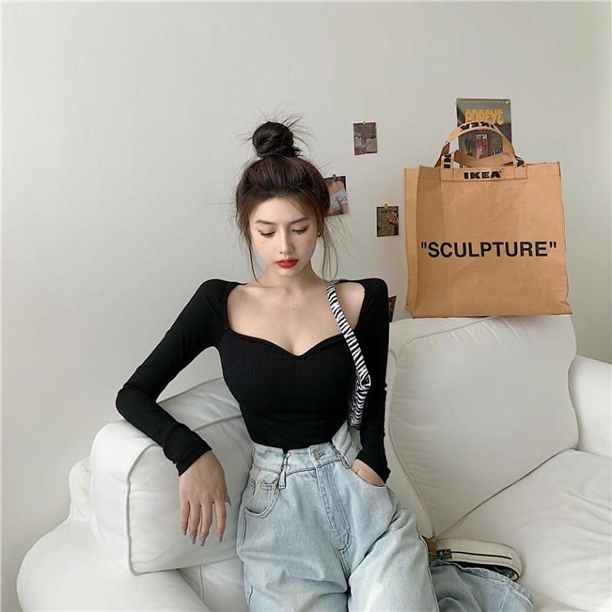 Áo Thun Dệt Kim Tay Dài Cổ Vuông Màu Trơn Phong Cách Vintage, Áo Thun Nữ Thời Trang Công Sở Đơn Giản