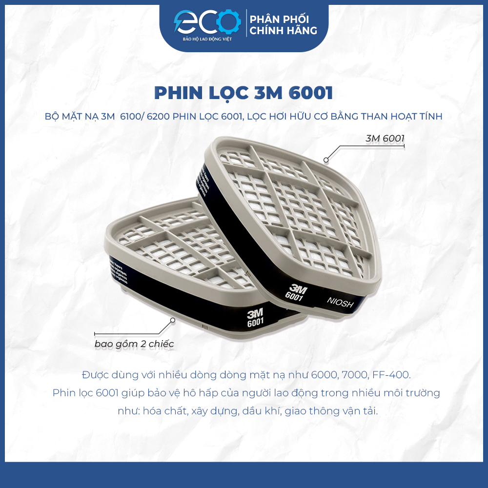 Bộ mặt nạ 3M lọc hơi hữu cơ 6100/ 6200 với phin lọc 6001, lọc hơi hữu cơ bằng than hoạt tính