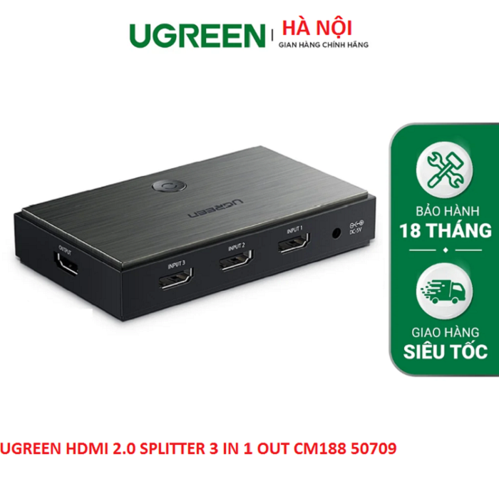 Bộ gộp HDMI 3 vào 1 ra HDMI 2.0 hỗ trợ 4Kx2K/60Hz chính hãng Ugreen 50709 cao cấp hàng chính hãng