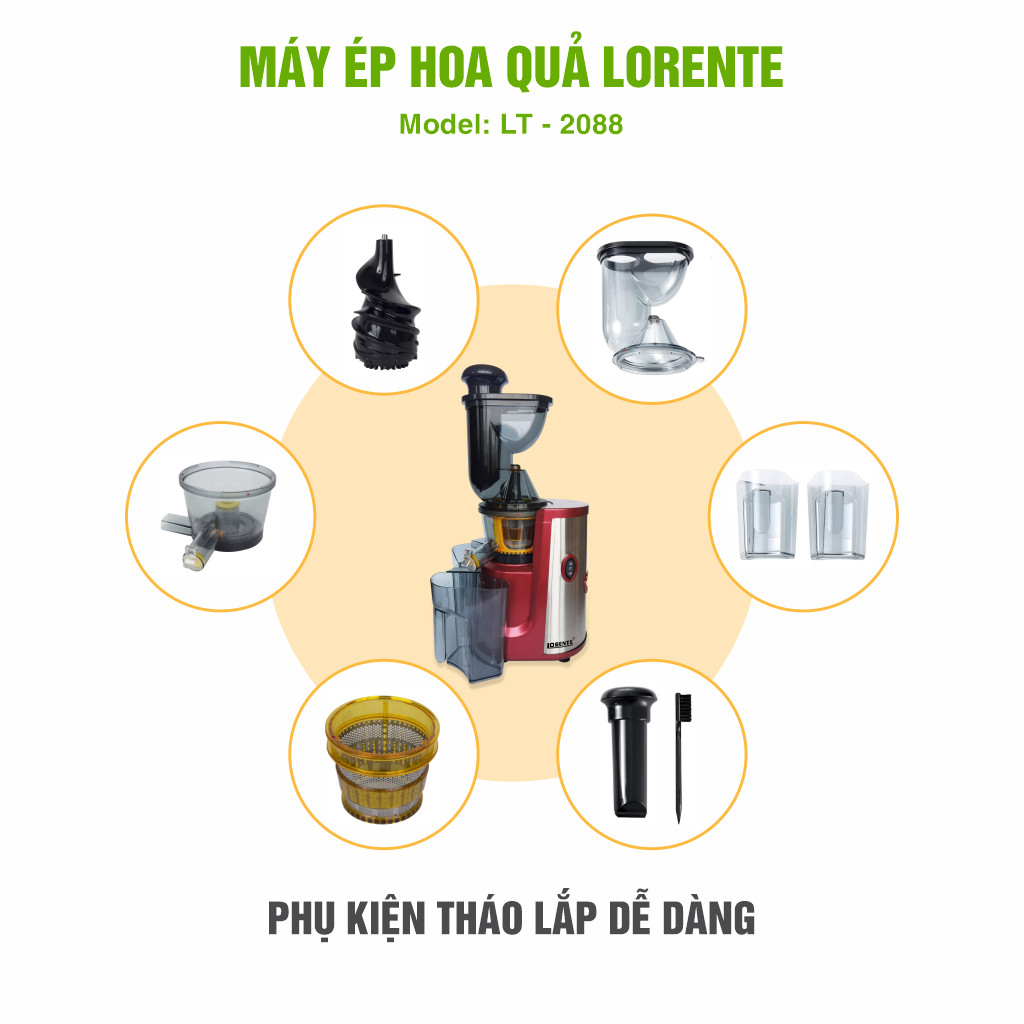 Máy Ép Chậm Lorente-Máy Ép Hoa Quả Lorente LT-2088, công suất 300W, ép nguyên chất kiệt nước-Hàng Chính Hãng