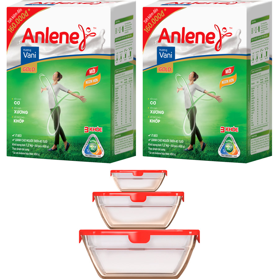 Combo 2 Sữa Bột Anlene Gold Movepro Hương Vanilla (Hộp Giấy 1,2kg) Tặng Bộ 3 Thố Thủy Tinh