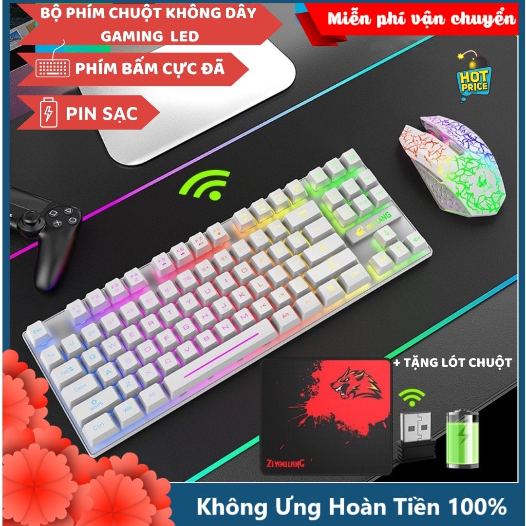 Bộ Bàn Phím Và Chuột Không Dây Gaming Có Đèn Led Pin Sạc XSmart T87 Tặng Kèm Lót Game, Combo Cho Máy Tính - Hàng Chính Hãng