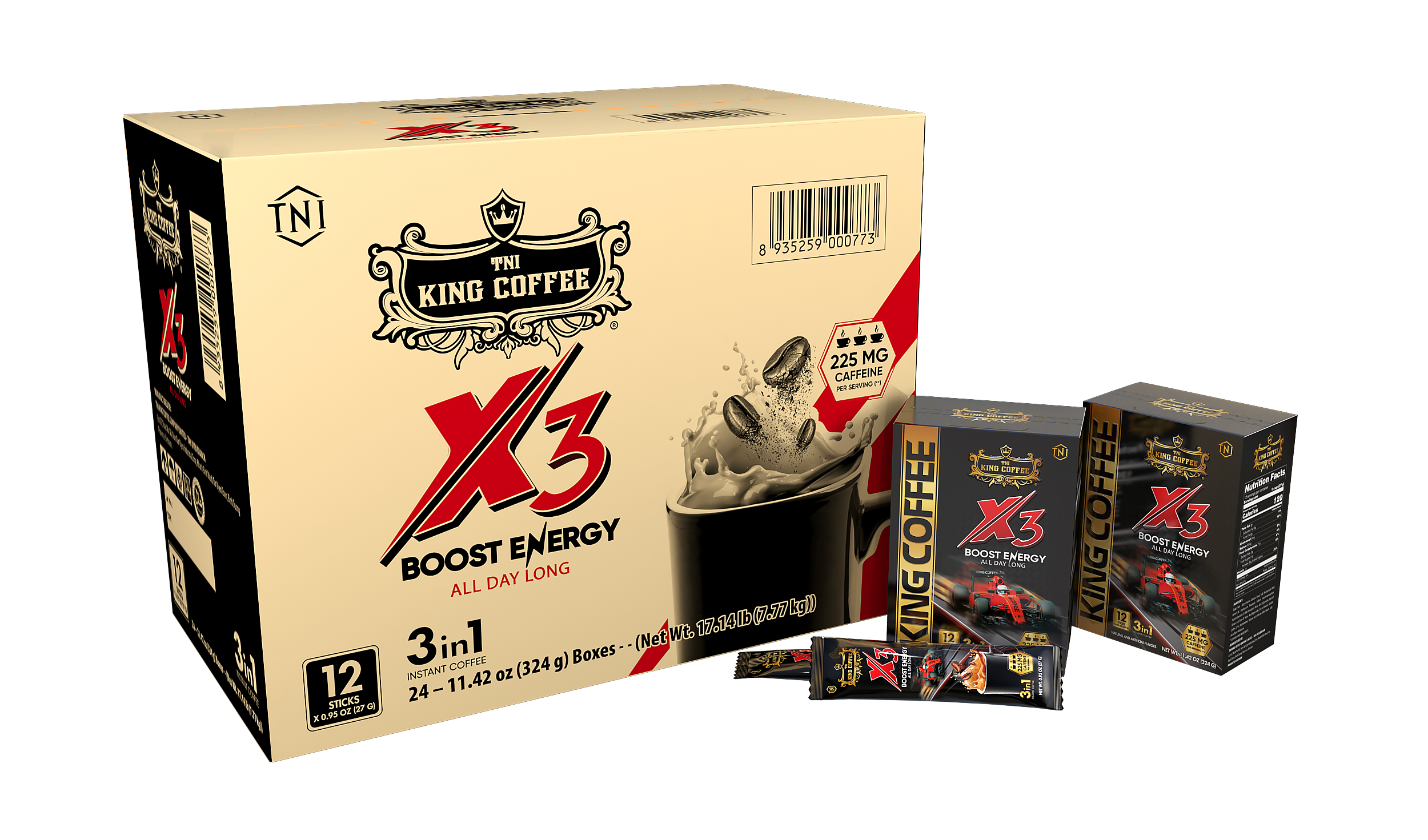 King Coffee Cà Phê Hòa Tan 3 in 1 X3 - Hộp 324g ( 12 gói x 27g) - Hàm lượng caffeine gấp 3 lần thông thường