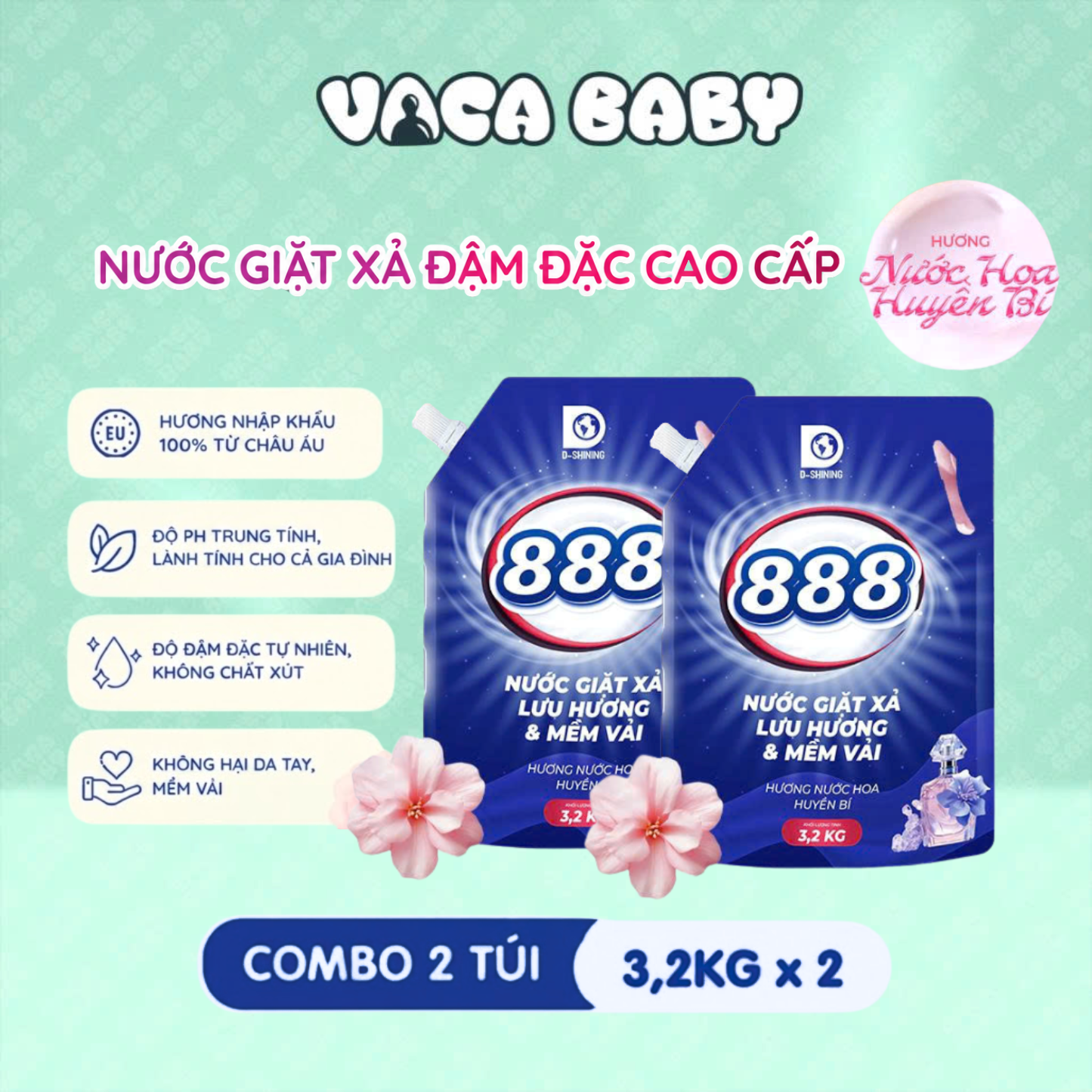 Combo 2 Túi Nước Giặt xả 888 Hương Nước Hoa Huyền Bí 3.2kg/Túi
