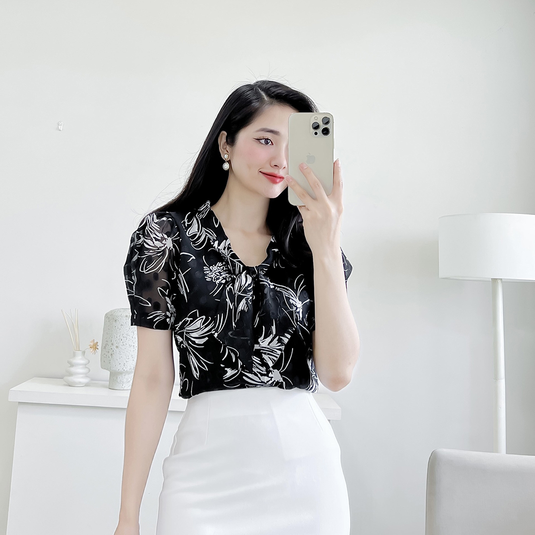 Áo kiểu công sở dáng suông nơ cổ in họa tiết hoa thời trang Eden - ASM207