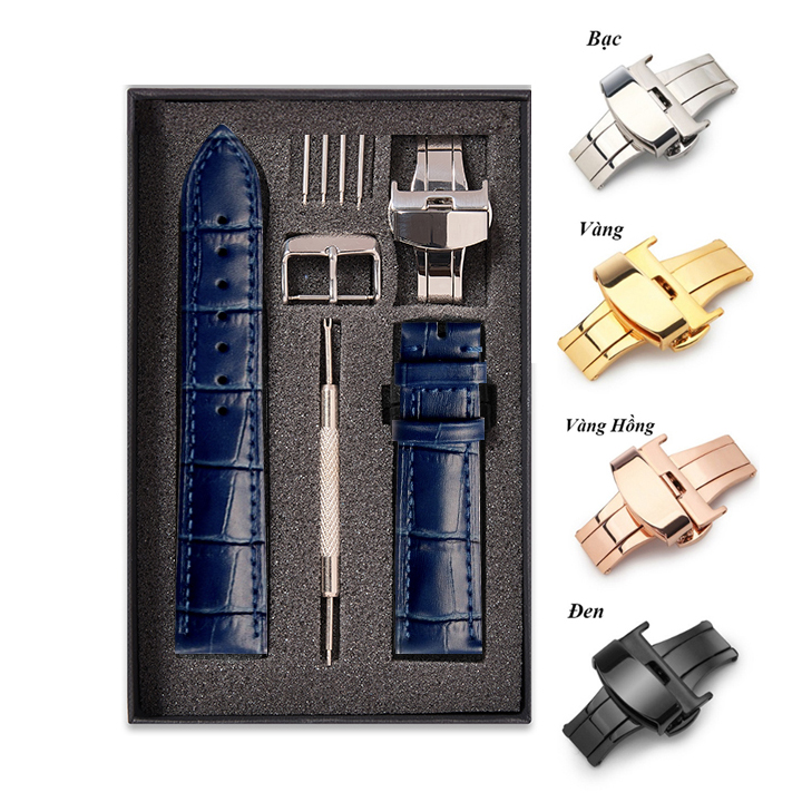 Dây Đồng Hồ Da Cá Sấu Navy Size 1820222426Mm - Dây Đeo Da Cá Sấu Thật 100 - Bảo Hành 12 Tháng - Khóa Cài Bướm Bạc - 2220Mm