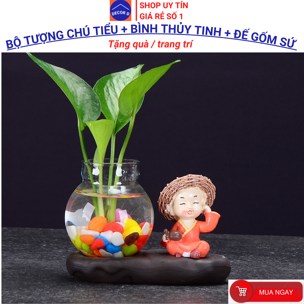 Bộ tượng chú tiểu, tượng trang trí, bình hoa thủy tinh, lọ hoa thủy tinh decor trồng cây nuôi cá – Trang trí, tặng quà