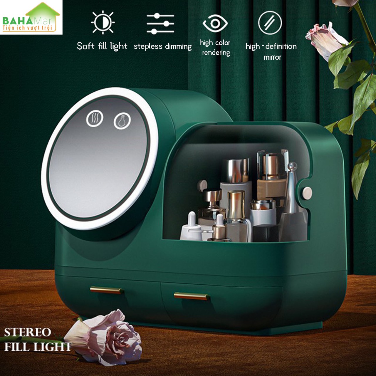 HỘP ĐỰNG MỸ PHẨM CÓ GƯƠNG TRANG ĐIỂM ĐÈN LED QUẠT BAHAMAR có quạt thổi khô lớp trang điểm thiết kế tay cầm dễ dàng xách di chuyển hộp chống bụi v