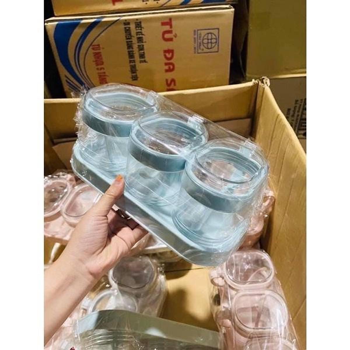 Set 3 Hũ Đựng Gia Vị HOKORI Kèm Muỗng và Khay- Dung Tích 700ml