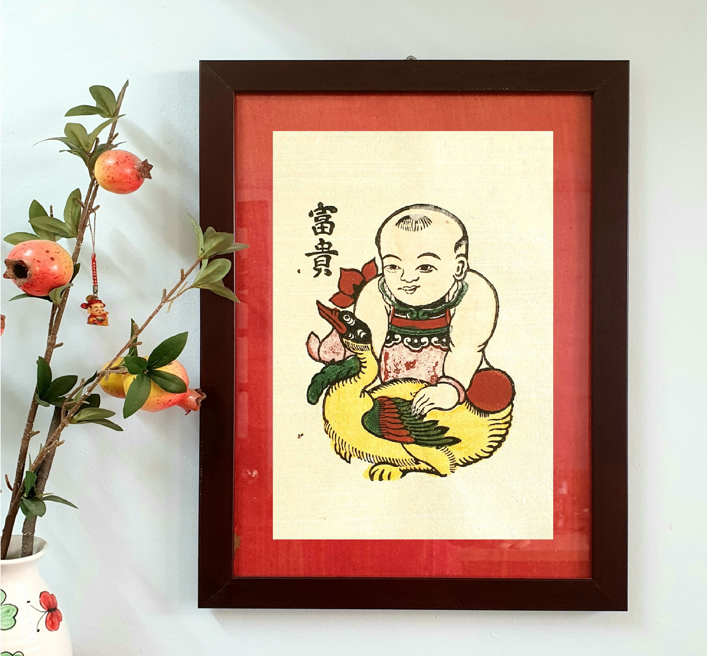 Tranh Đông Hồ Phú quý - Em bé ôm vịt - Dong Ho folk woodcut painting