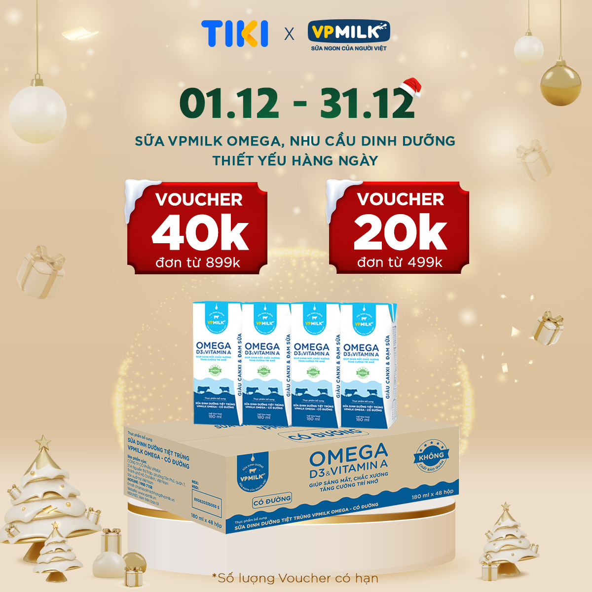 Sữa Dinh Dưỡng Tiệt Trùng VPMilk Omega Có Đường dạng hộp cho bé trên 1 tuổi 180ml (thùng 48 hộp)