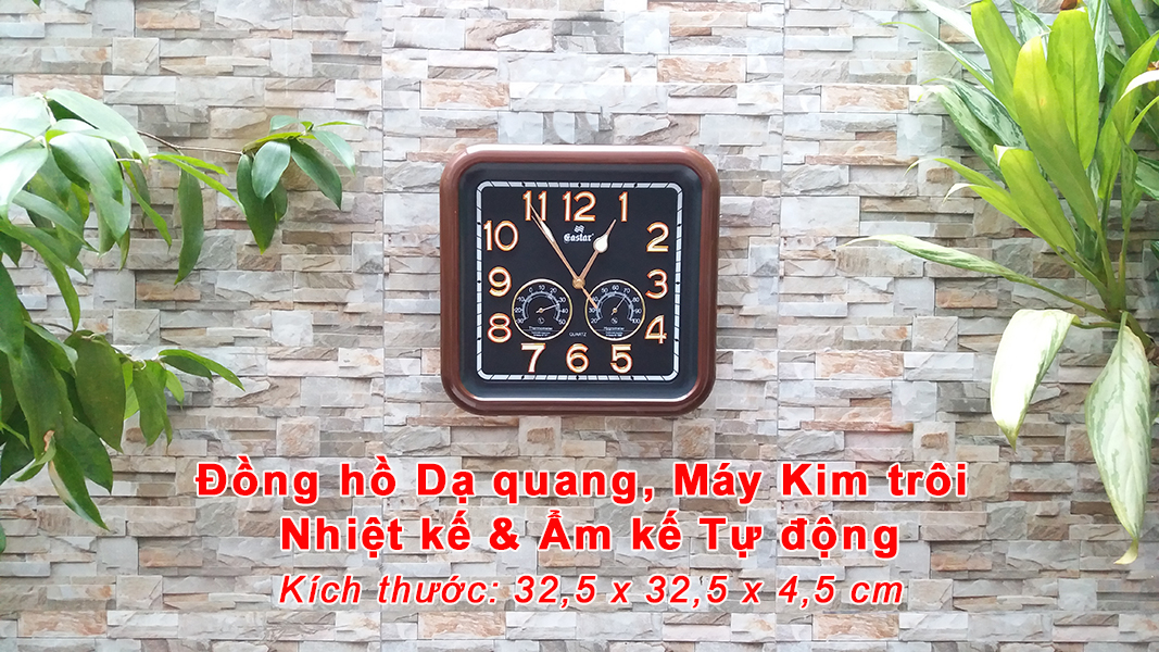 Đồng Hồ Treo Tường Cao Cấp KIM TRÔI EASTAR SỐ NỔI 3D có DẠ QUANG và NHIỆT ẨM KẾ CƠ (Không Dùng Pin) - Hình Vuông Mặt Đen - Tặng Pin AA - Bảo Hành 1 Năm