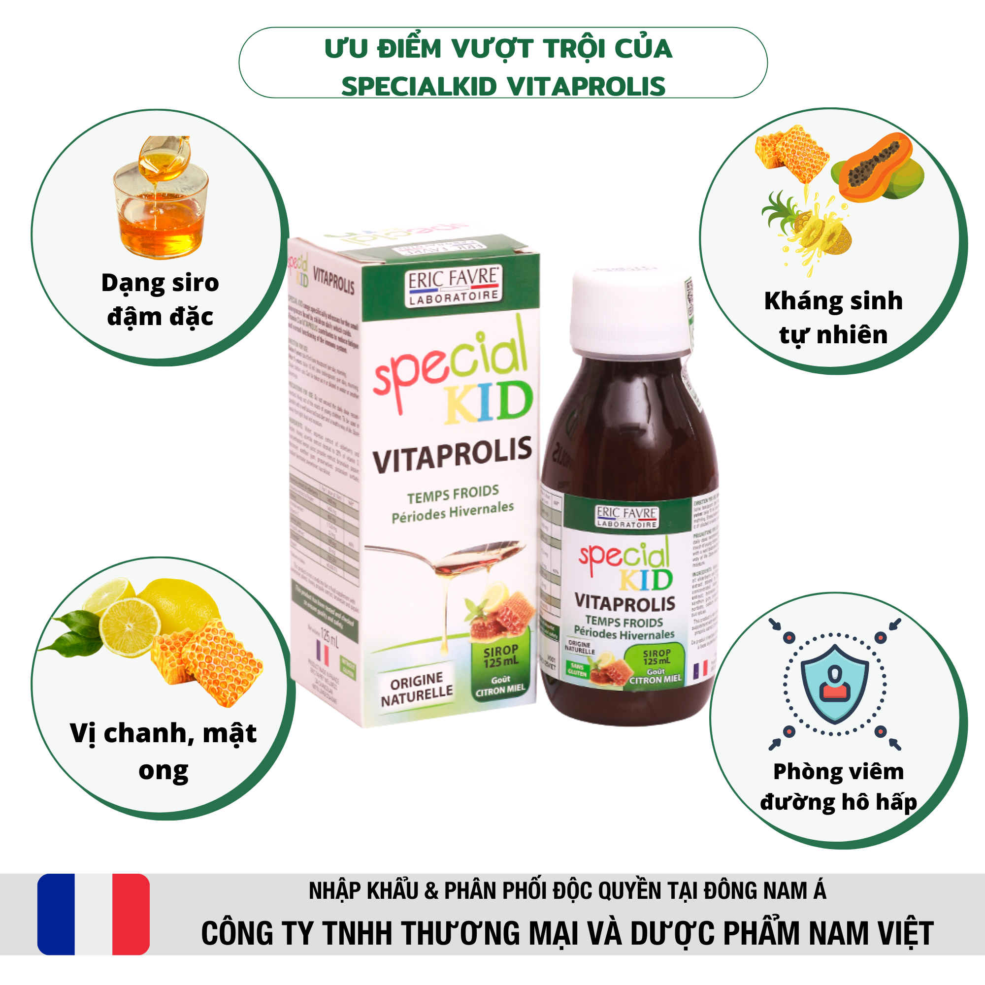 SPECIAL KID VITAPROLIS - Siro ho chống viêm đường hô hấp cho trẻ - Bộ 3 kháng sinh tự nhiên: Keo ong, Bromelain, Papain - Nhập khẩu Pháp (125ml)