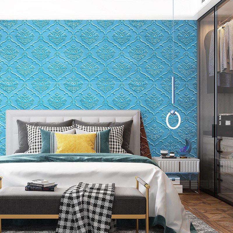 Bộ 20 Tấm Xốp Dán Tường Cổ Điển Hoa Sen 3D Màu Xanh Trời 70x70cm Siêu Đẹp, Sang Trọng