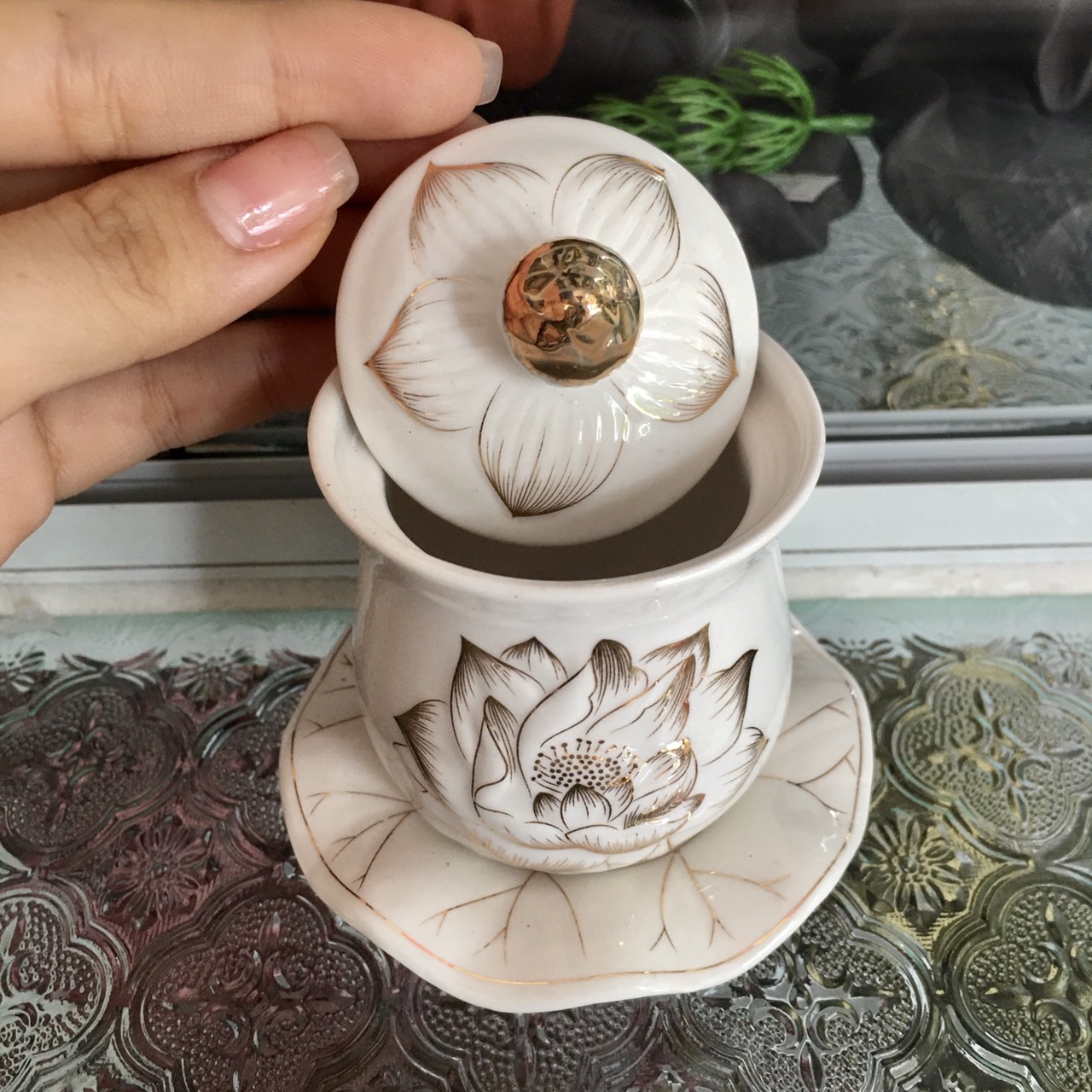 Ly chum nước bàn thờ Phật 8cm cao cấp HOA SEN