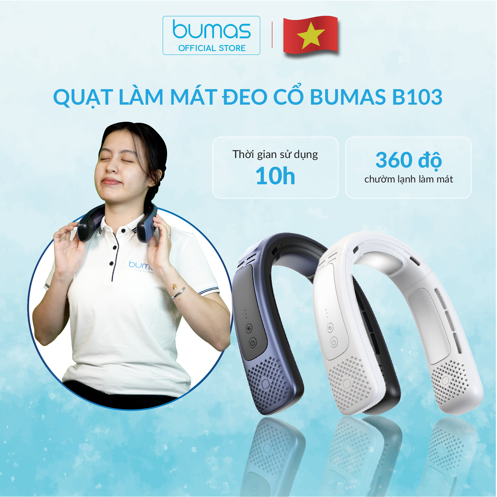Quạt Đeo Cổ Siêu Mát BUMAS B103 - Quạt Gió Bao Phủ 360 Độ - Công Nghệ Chườm Lạnh Mới - Dung Lượng Pin Lớn - Hàng Chính Hãng
