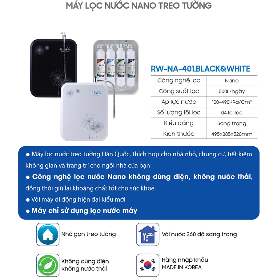 Máy Lọc Nước Công nghệ Nano/VF Hàn Quốc REWA - RW-NA-401.WHITE- Hàng chính hãng