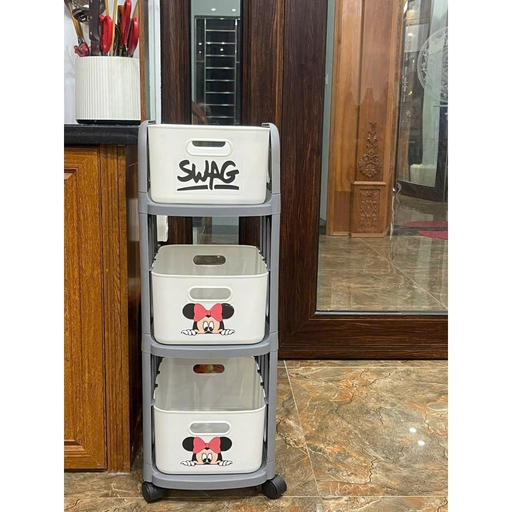 Kệ Nhựa Để Đồ 3 Tầng Mickey Có Bánh Xe Đa Năng Tiện Lợi Và Thông Minh
