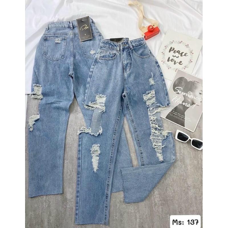 Quần baggy jean, quần bò baggy 9 tấc lưng cao rách gối - 110N