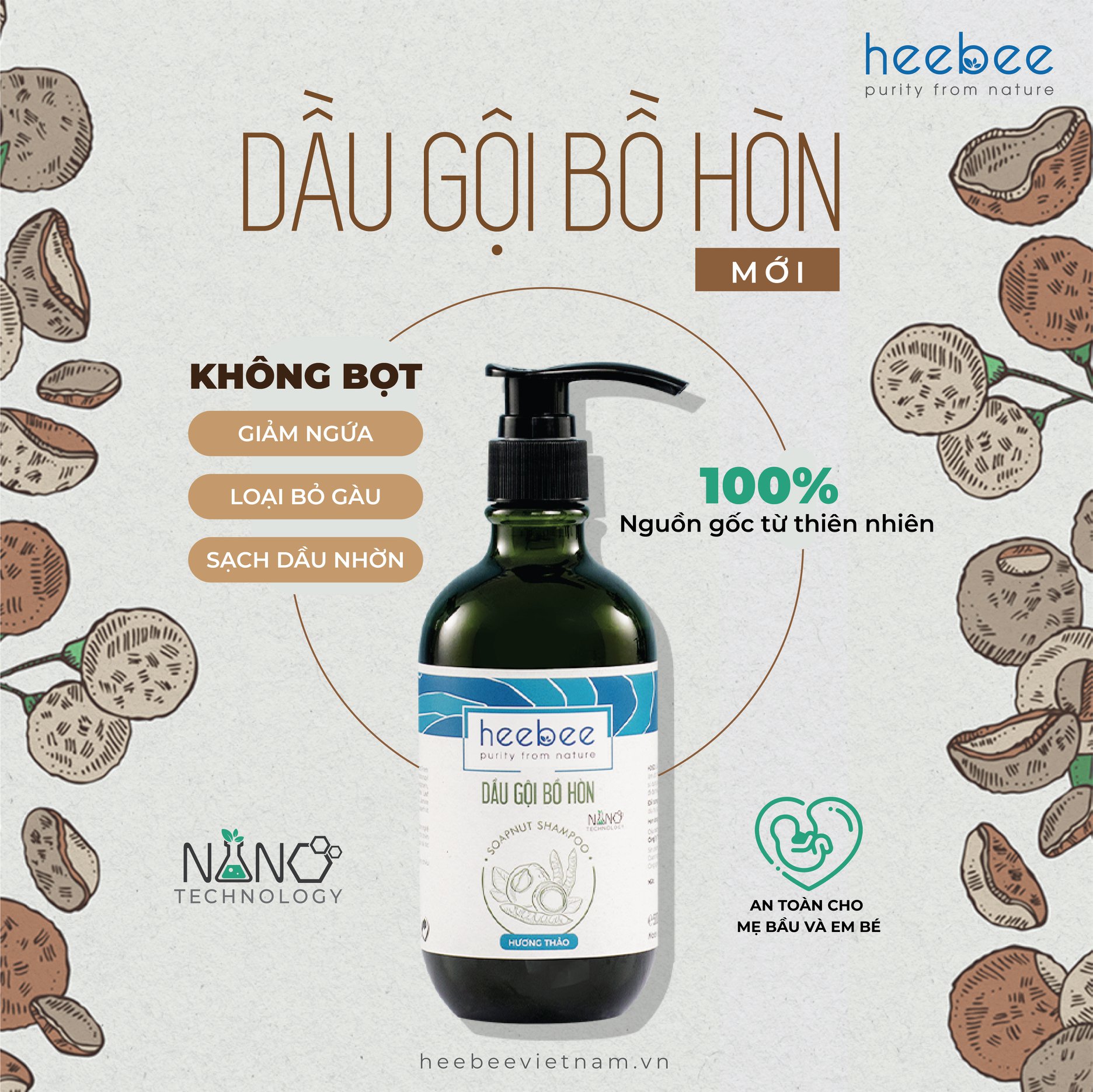 Dầu gội Bồ Hòn ngăn gàu, giảm ngứa Heebee Vietnam- Soapnut Shampoo 40ml-300ml-500ml