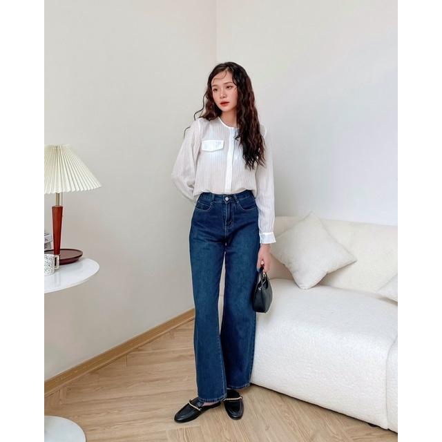 Áo sơ mi dài tay cổ tròn túi ngực giả ẩn khuy hàng thiết kế vnd0822a06 by germe