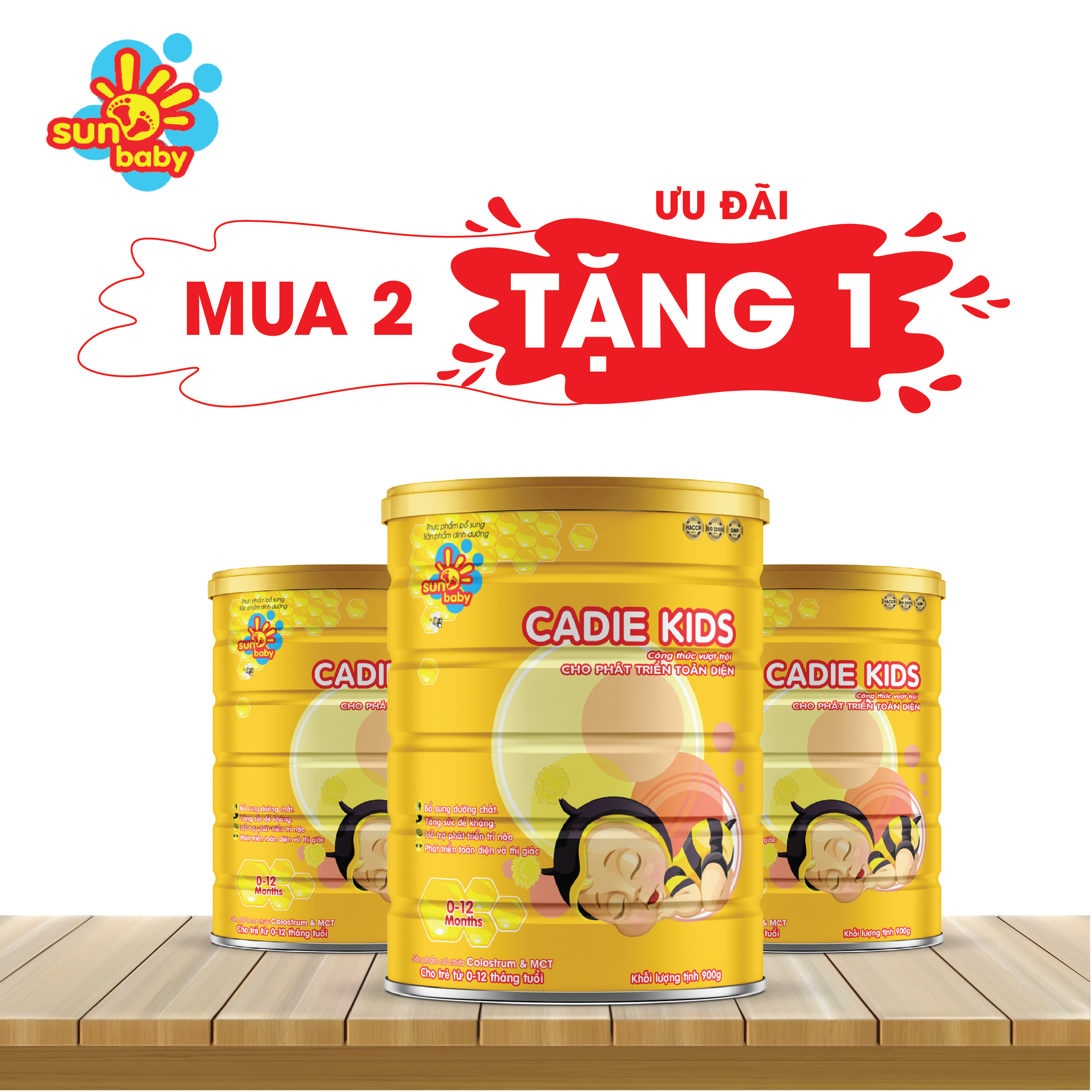 [MUA 2 TẶNG 1] Sữa bột Cadie Kids cho bé từ 0-12 tháng 900g- Sunbaby