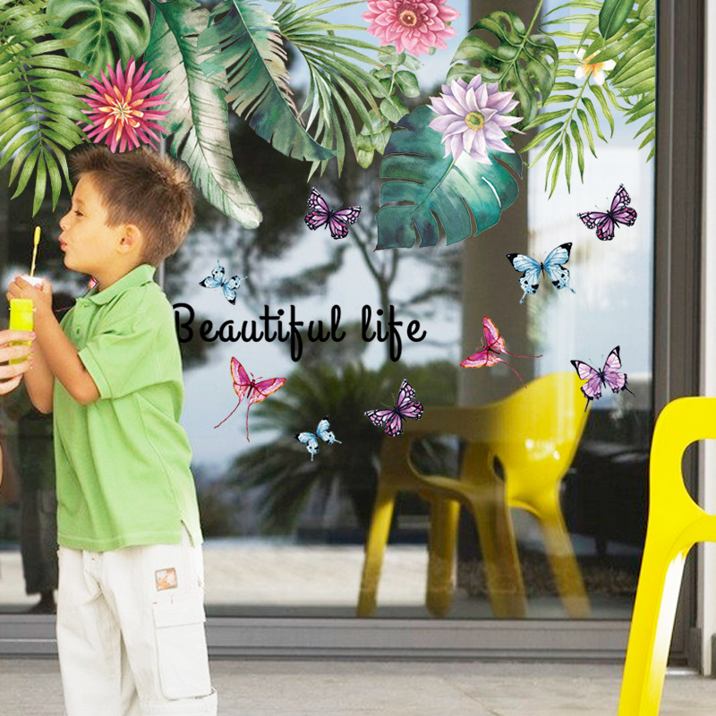 Decal dán tường Giàn lá hoa và bướm đủ màu phong cách Hàn Quốc