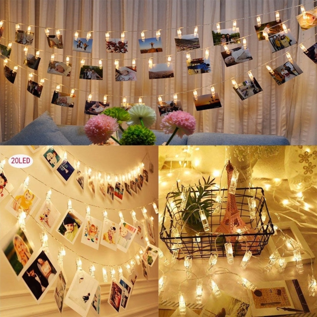 Bộ dây 20 kẹp ảnh, kẹp hình có đèn led trang trí nhà cửa