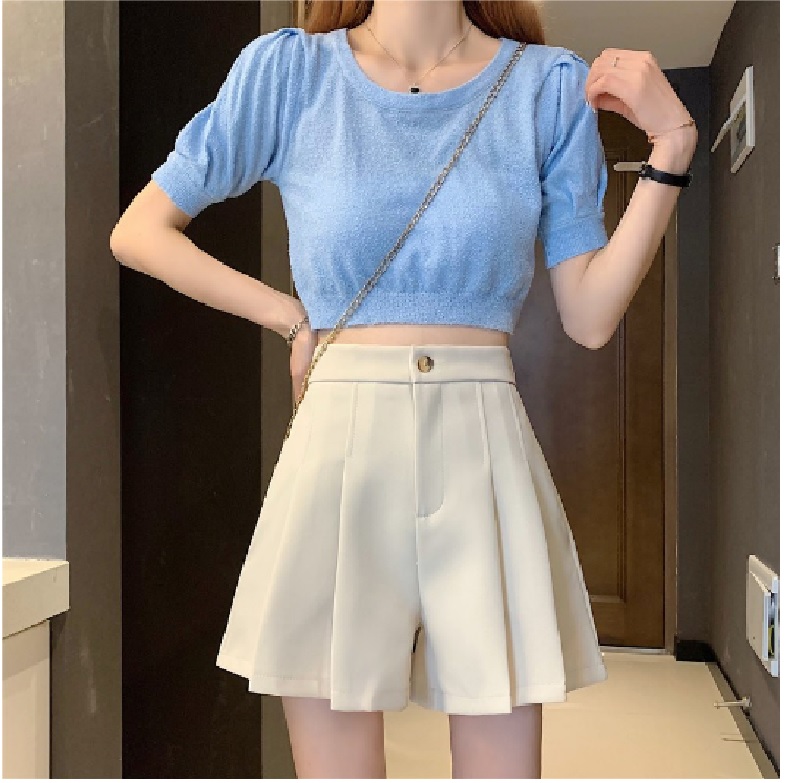 Quần short nữ cạp cao lưng thun ống rộng xếp ly đơn giản