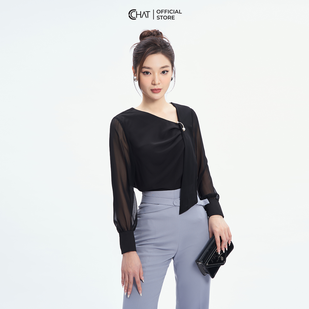 Áo Kiểu Nữ  Phối Tà Ly Trước Chất Liệu Chiffon Cao Cấp 53ADH8008ST