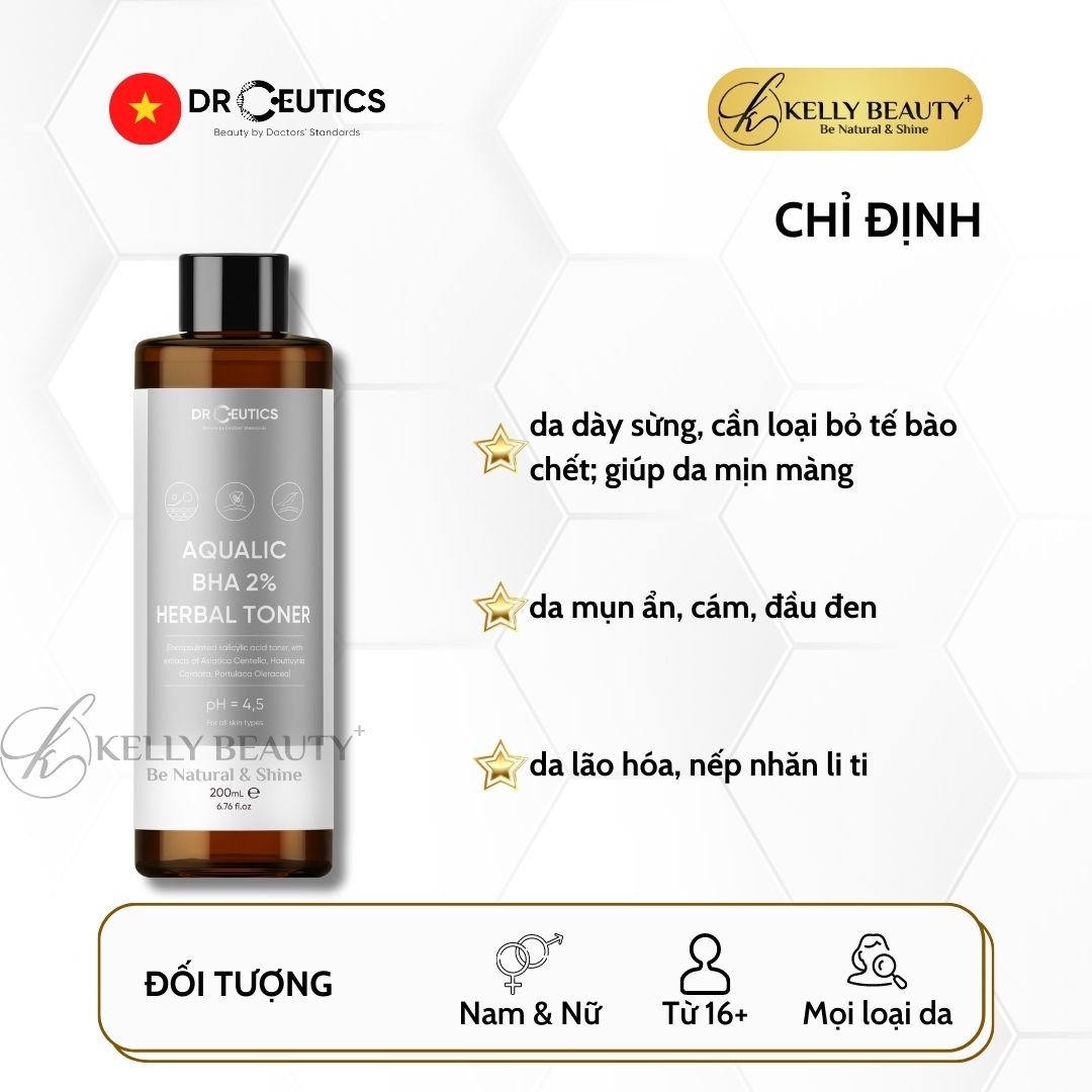 DrCeutics Aqualic BHA 2% Herbal Toner - Giảm Mụn, Ngừa Mụn Tái Phát; Da Sạch Mịn Màng | Kelly Beauty