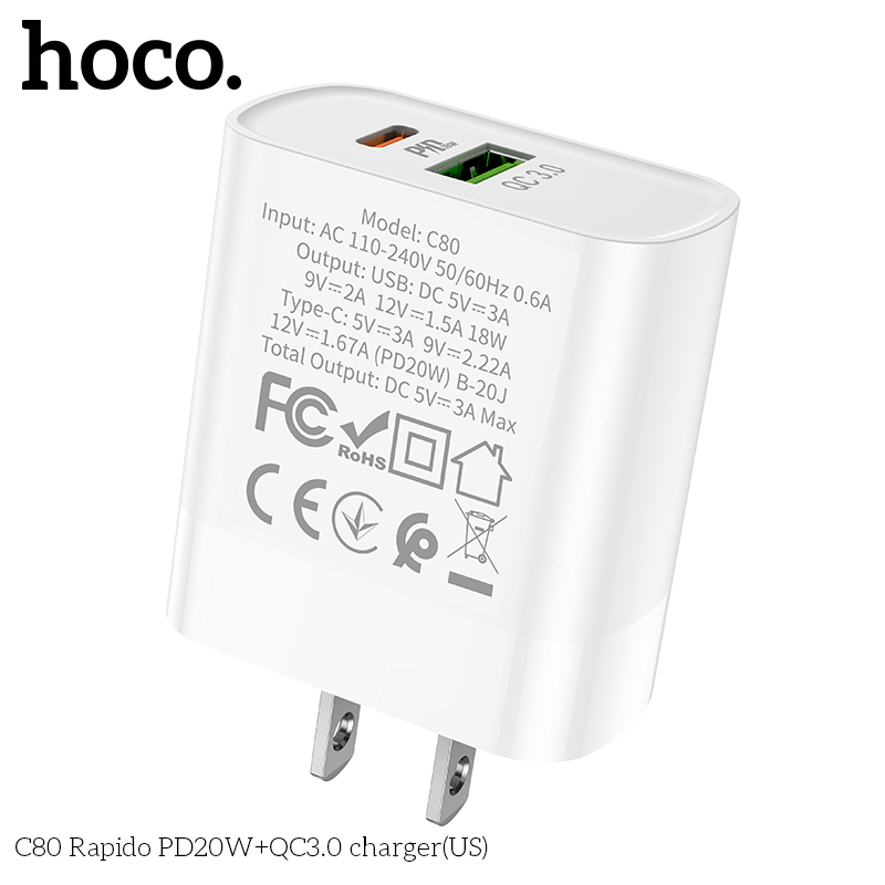 Hình ảnh Cóc Sạc Nhanh Hoco C80 PD20W + QC3.0 2 Cổng Sạc TypeC Và USB Hàng Chính Hãng