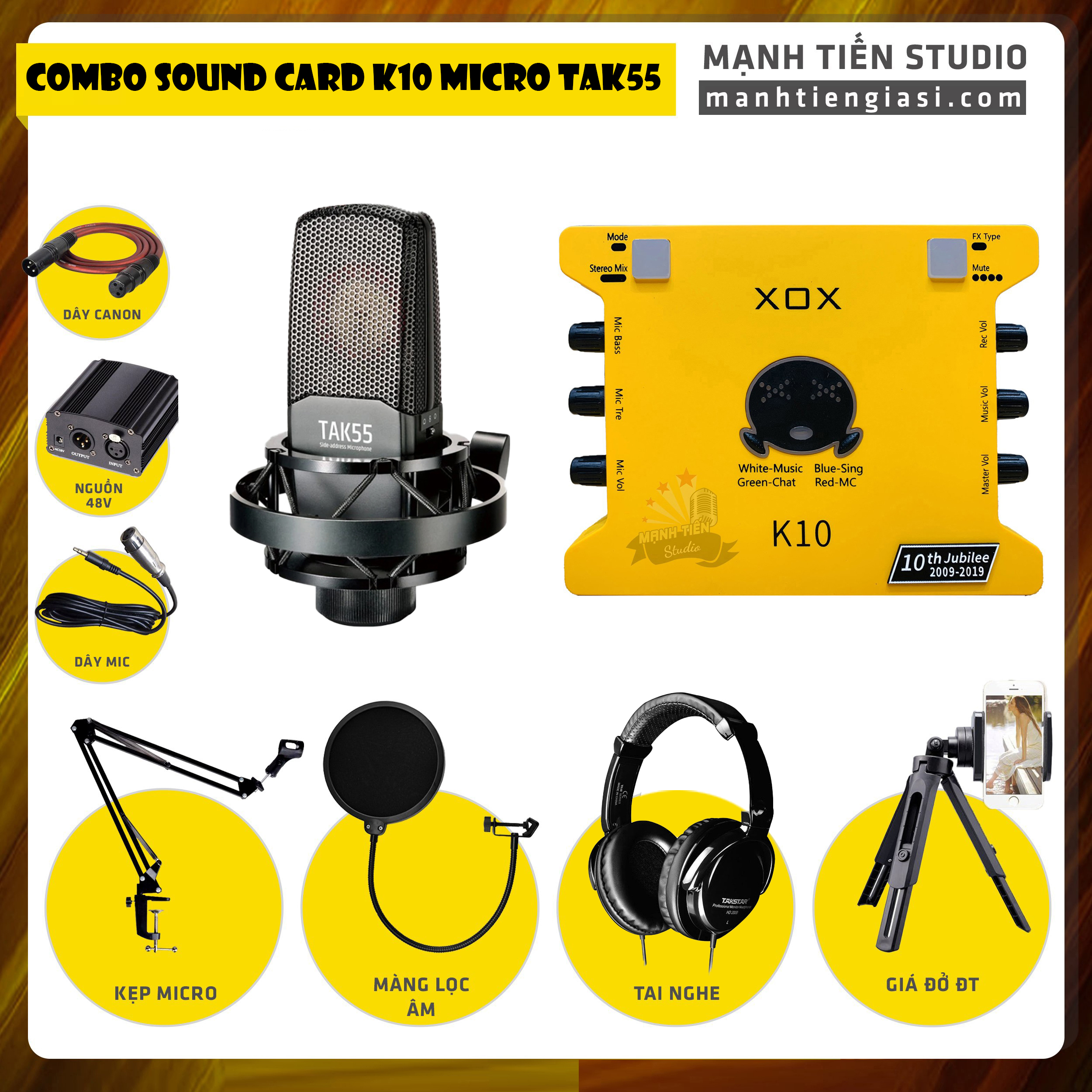 Combo thu âm, livestream Micro TakStar TAK55, Sound card XOX K10 Jubilee - Kèm full phụ kiện nguồn 48V, kẹp micro, màng lọc, tai nghe, giá đỡ ĐT - Hỗ trợ thu âm, karaoke online chuyên nghiệp - Hàng chính hãng