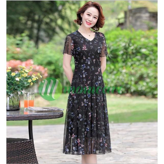 Váy nữ trung niên cho mẹ Voan V74, Áo đầm trung tuổi thời trang mùa hè đẹp cao cấp sang trọng dự tiệc U40 U50 Bigsize