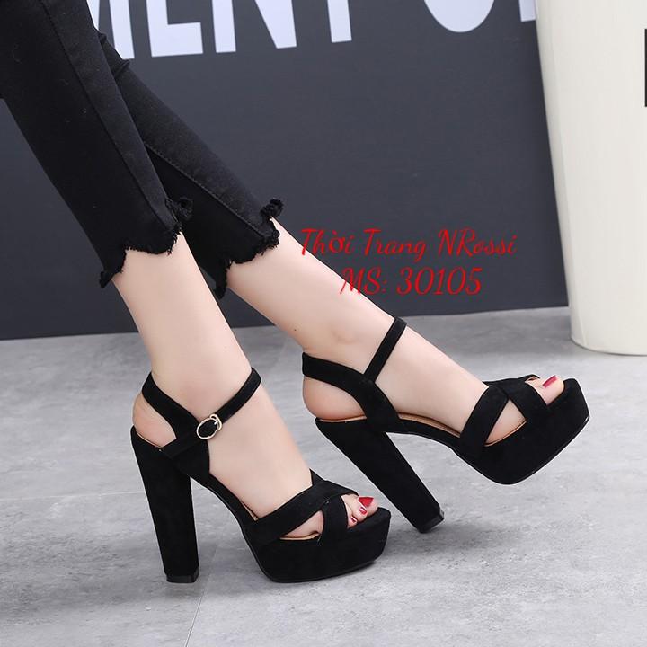 Giày sandal cao gót nhung đen gót vuông cao 10 phân big size 40 41 42 43 44