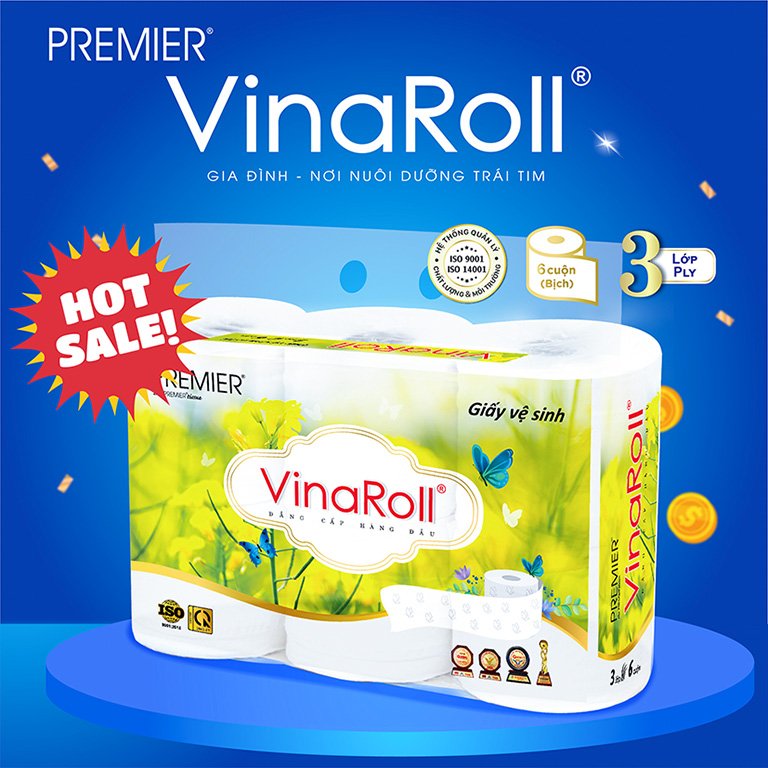 [COMBO 3 LỐC] Giấy vệ sinh Premier VinaRoll có lõi, 3 lớp 100% bột giấy nguyên sinh, không chất tẩy lốc 6 cuộn