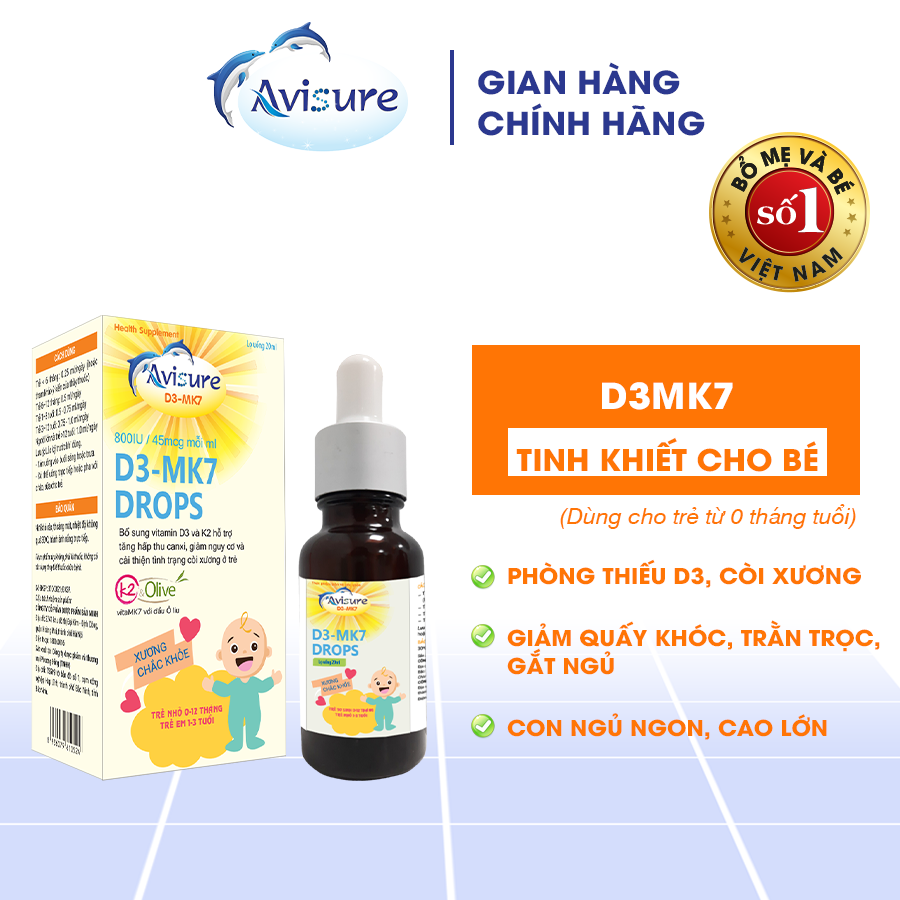 Bộ tứ Avisure D3MK7, Avisure DHA smart Kid, Avisure Safoli Drop, Avisure muno cho bé khoẻ mạnh, cao lớn, thông minh, mắt sáng