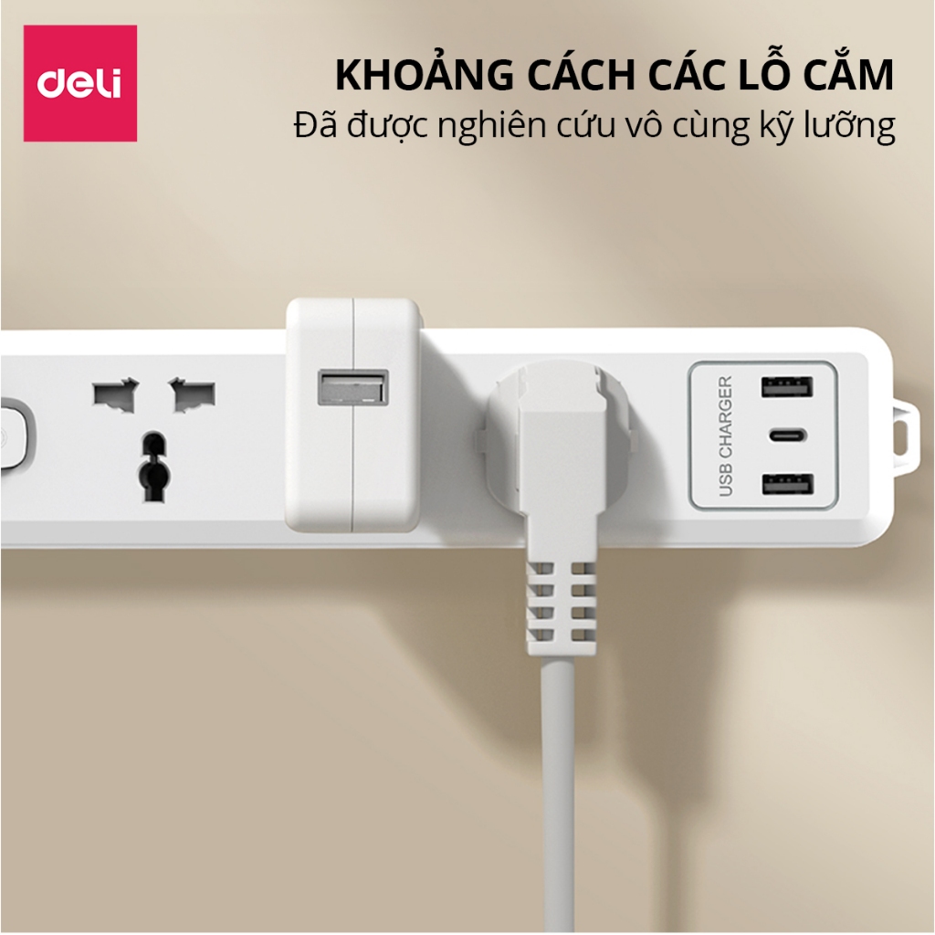 Ổ Cắm Điện Mẫu Mới 2025 Deli Ổ ĐIện Đa Năng Chống Cháy Nổ 2500W Cổng Sạc USB/ TypeC Thông Minh