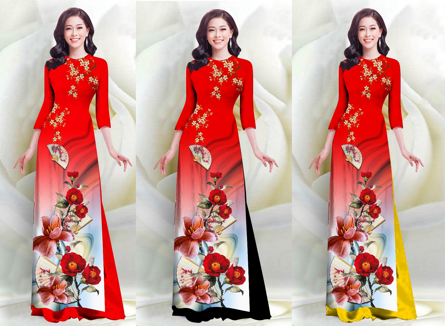 SÉT ÁO DÀI LỤA TRUYỀN THỐNG IN HOA SỨ QUẠT 4D MÀU ĐỎ