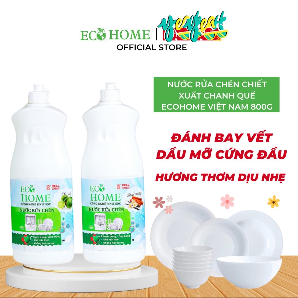 Nước Rửa Chén Công Nghệ Sinh Học ECOHOME 800g Chiết Xuất Chanh Quế Giúp Sạch Vi Khuẩn Bám Bẩn Trên Chén Đĩa