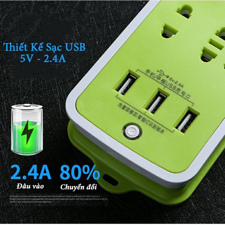 Ổ Cắm Điện Đa Năng Chống Giật 6 Ổ Cắm, 3 Cổng Usb-Xanh Lá - Hàng Loại 1