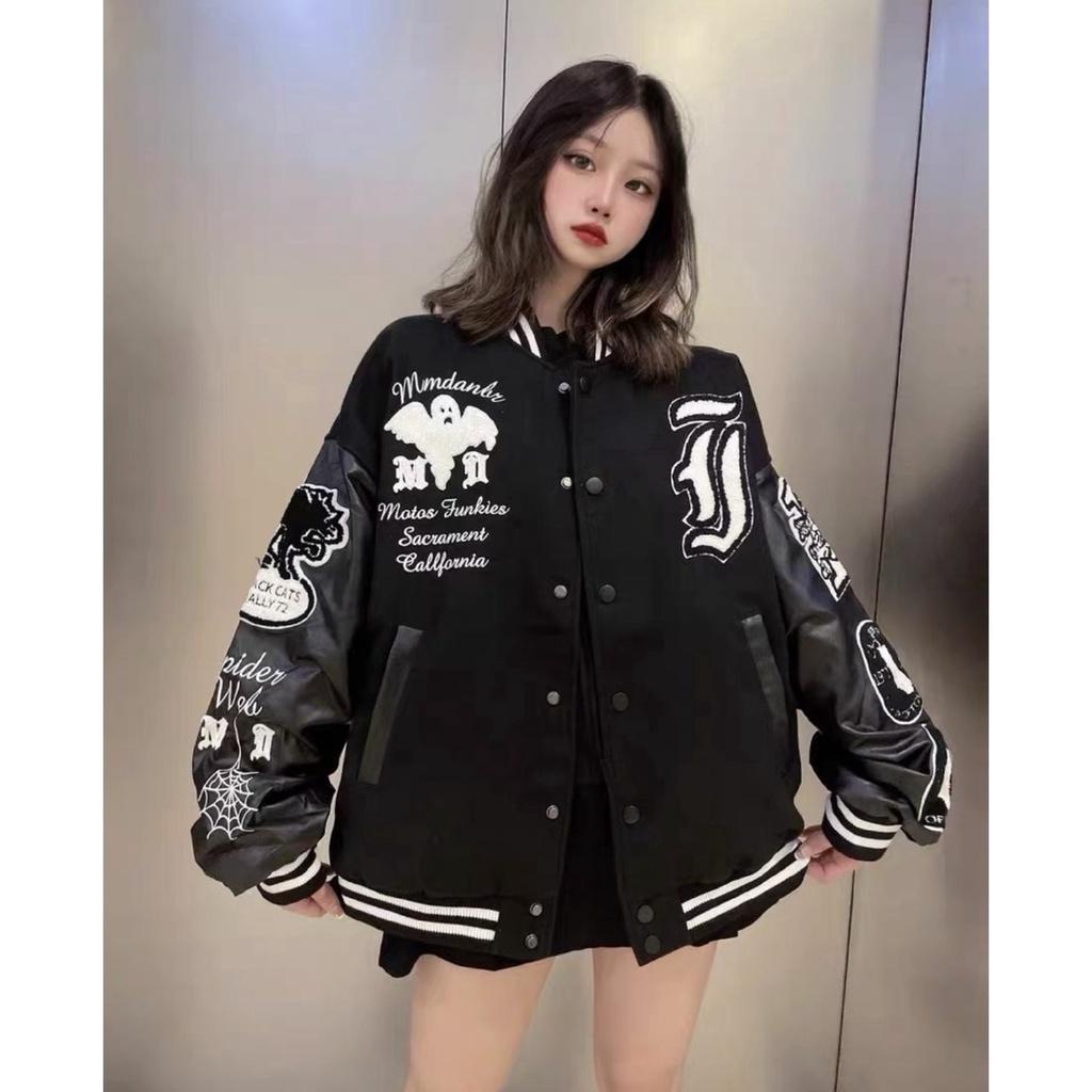 Bomber tay da ghost vintage , varsity jacket nam nữ chất dạ 2 lớp , áo khoác bóng chày local brand unisex - Gin Store