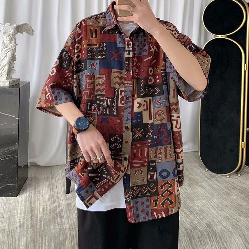 Áo sơ mi ngắn tay dáng rộng in họa tiết cá tính thời trang mùa hè cho nam