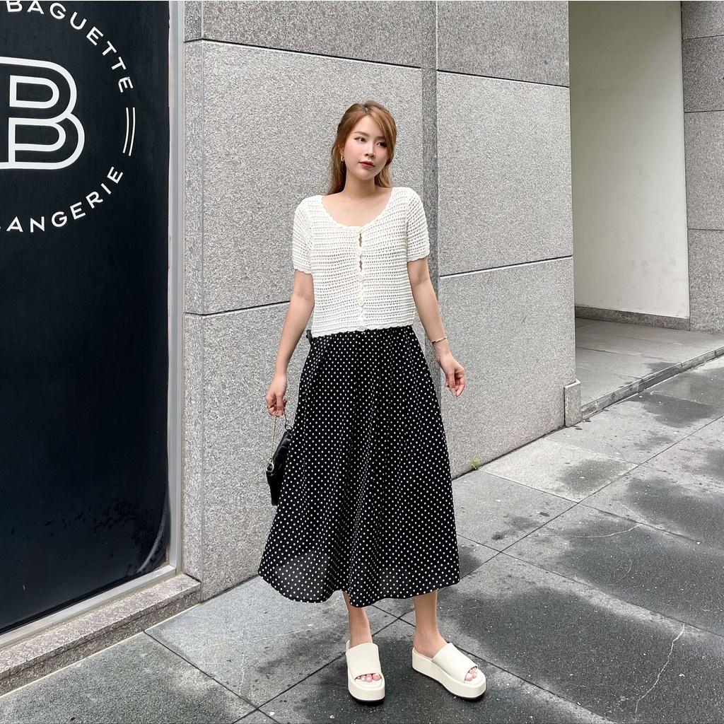 Surichau - Đầm maxi chấm bi xếp ly vải mềm mại freesize hoạ tiết hoa nhí