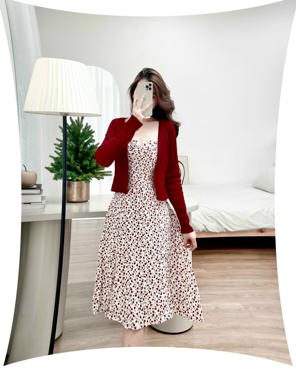 Set đầm 2 dây hoa nhí vai nơ kèm áo khoác cardigan đỏ