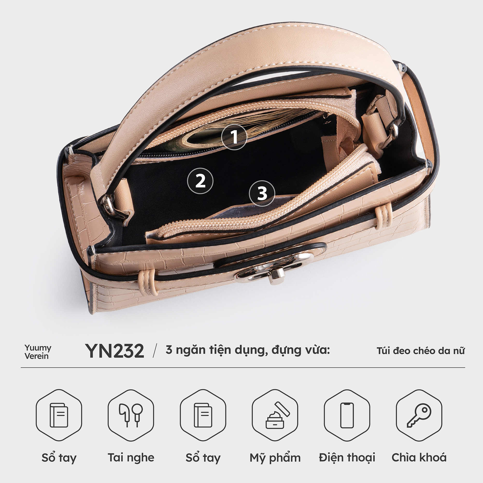 Túi Yuumy ( Thời trang nữ size 19 phối khóa xoay - Túi đeo chéo da Verein YN232 )