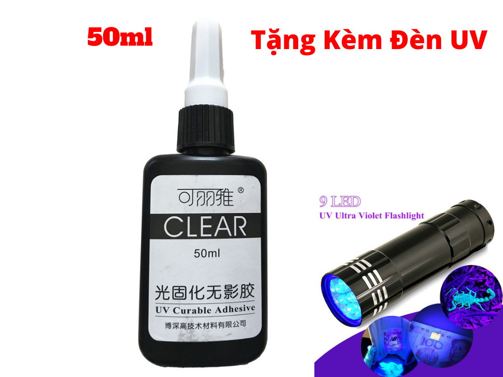 Keo UV dán Kính Bysun Clear, Thép, Mica trong suốt, keo sệt và nhanh khô 50ml Tặng Kèm Đèn