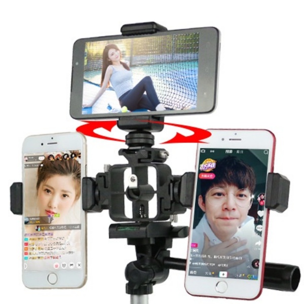 Phụ kiện giá đỡ, khung trụ gắn đến 3 điện thoại lên tripod, hỗ trợ livestream chuyên nghiệp nhiều máy cùng lúc