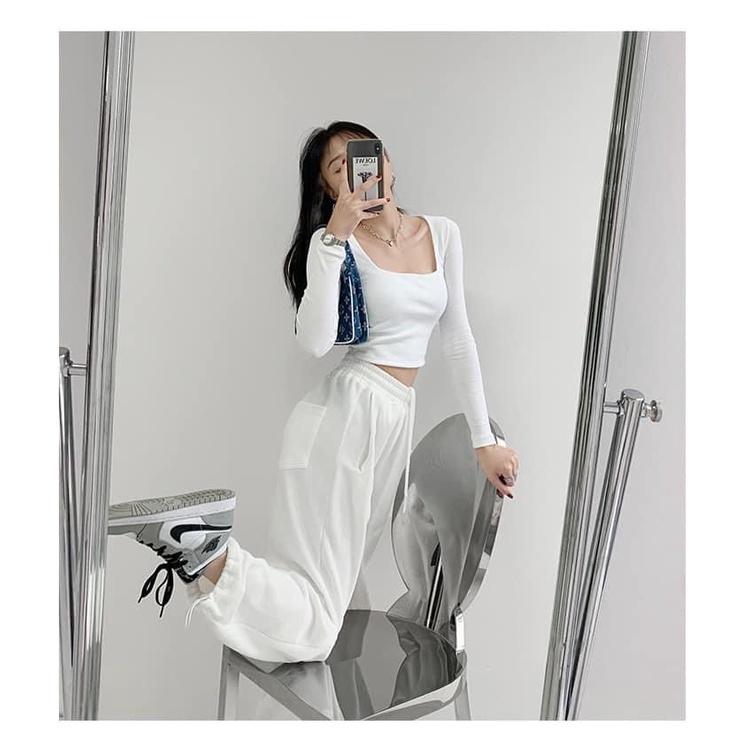 Áo croptop cổ vuông dài tay siêu xinh thời trang Banamo Fashion 3112