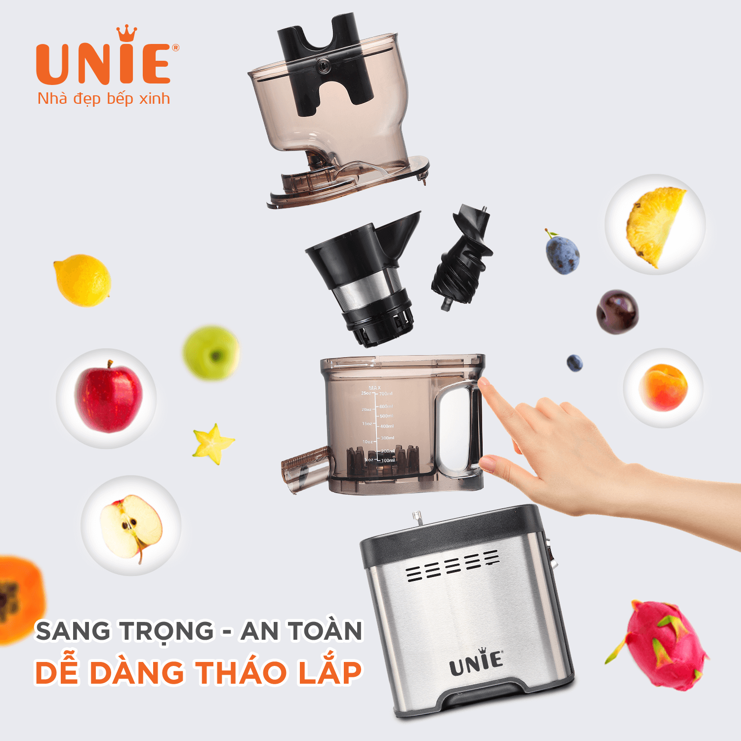 Máy Ép Trái Cây, Máy Ép Chậm Cao Cấp UNIE USJAC91S Tiêu Chuẩn Đức Dung Tích 700 ML Công Suất 400 W - Hàng Chính Hãng